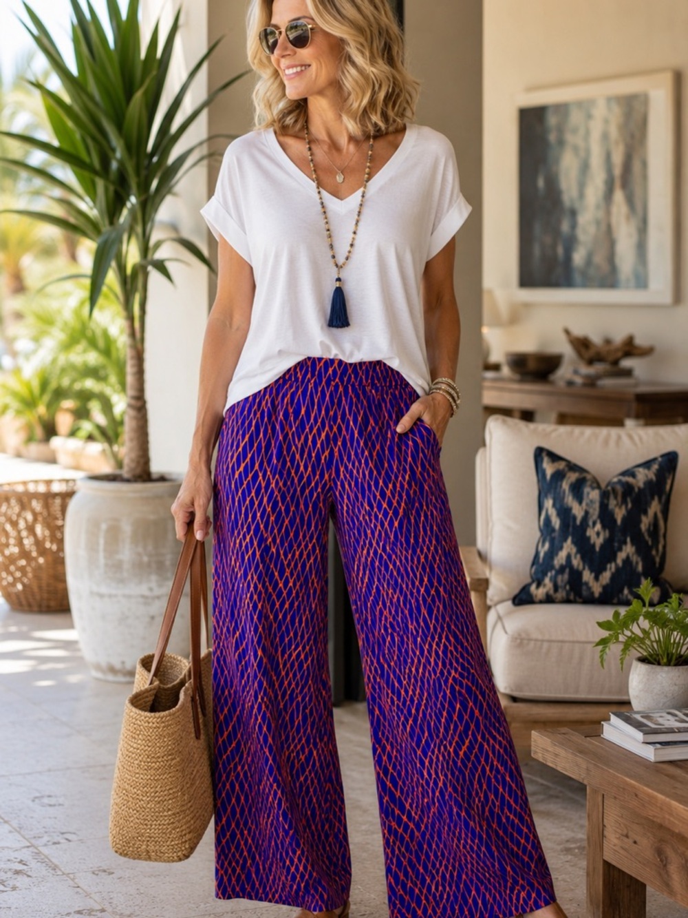 NICO LA Wide Leg Pants L Blue Orange Geometric Pull On Stretch Knit - Picture 1 of 15